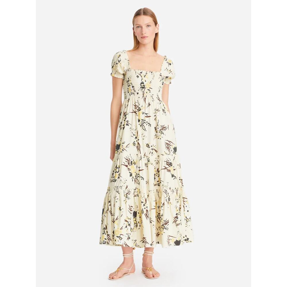 NWOT Tory Burch Printed Smocked Midi Dress Size L Yellow #1C601